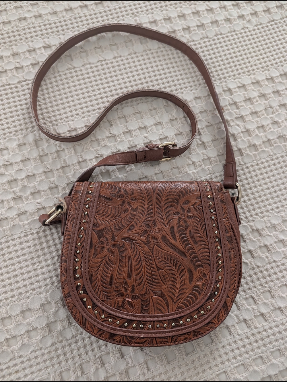 Brown Tooled Leather Crossbody Bag with Stud Detailing